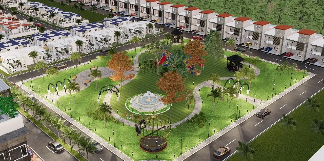 Aerial view of Kunjwal City parks, playground and villas