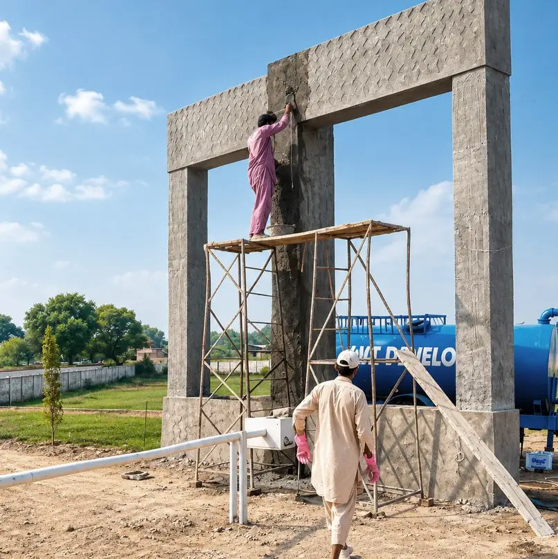 Stone cladding going onto a gateway frame, Kunjwal City, 15 October 2026