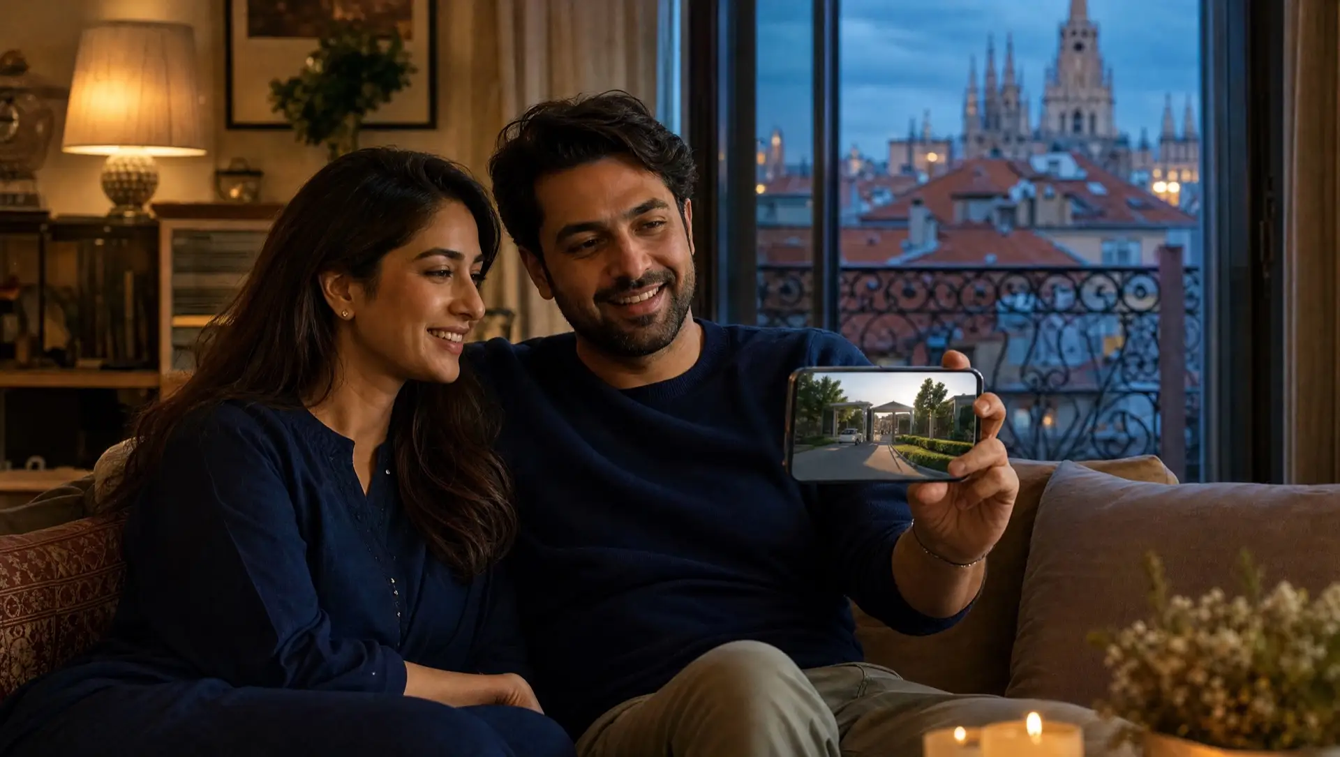 An overseas Pakistani family on a video call viewing a plot in Gujrat — illustration