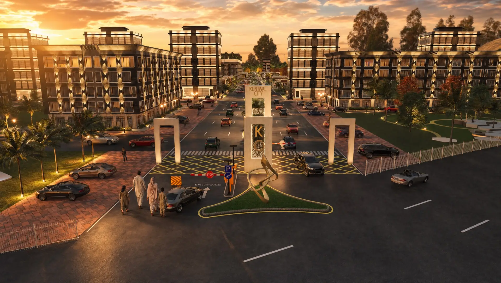 A family arriving at the Kunjwal City entrance gateway at golden hour — artist's impression